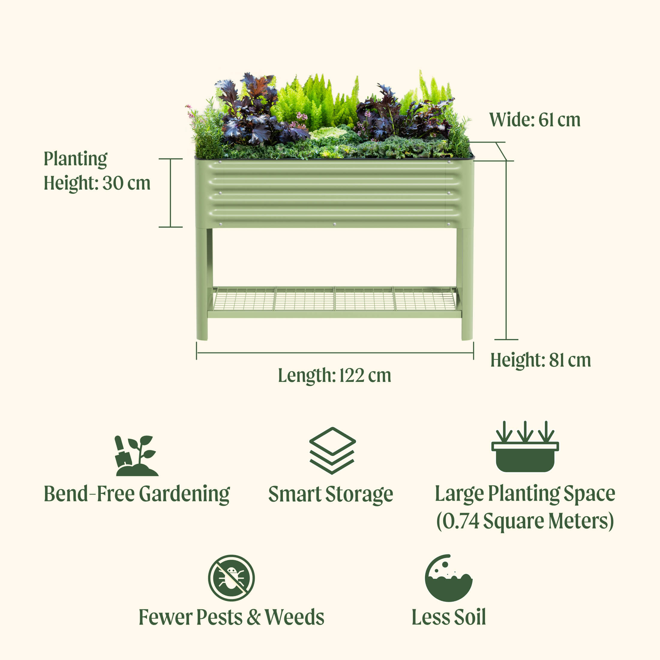 Green raised garden bed with dimensions and features listed on a white background