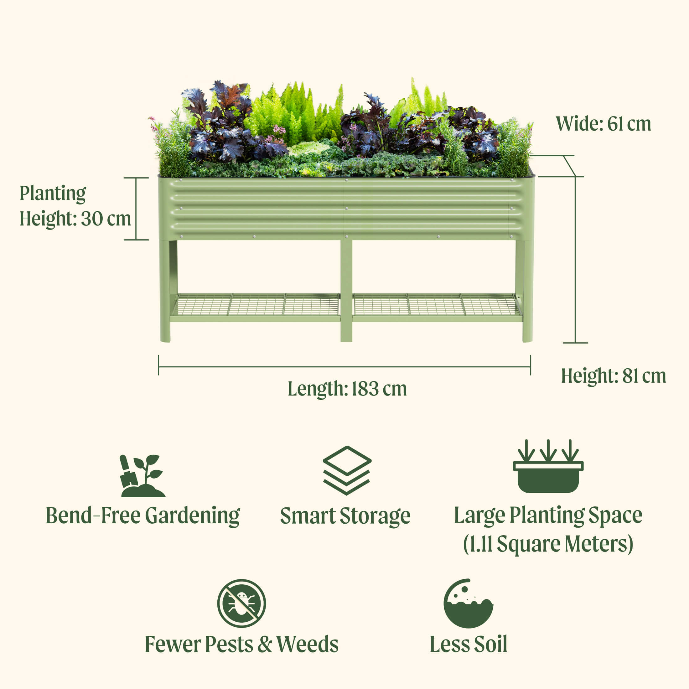 Green raised garden bed with dimensions and features listed on a white background