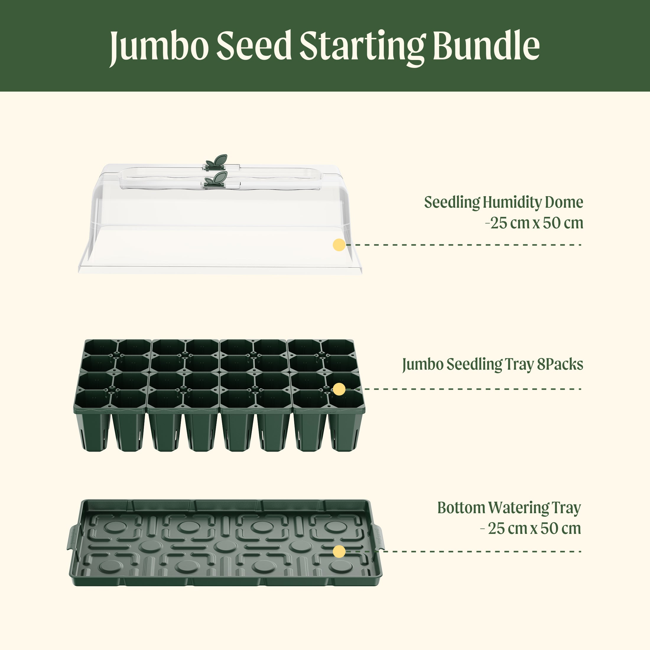 Jumbo Seed Starting Bundle with seedling humidity dome, jumbo seedling tray, and bottom watering tray on a white background.