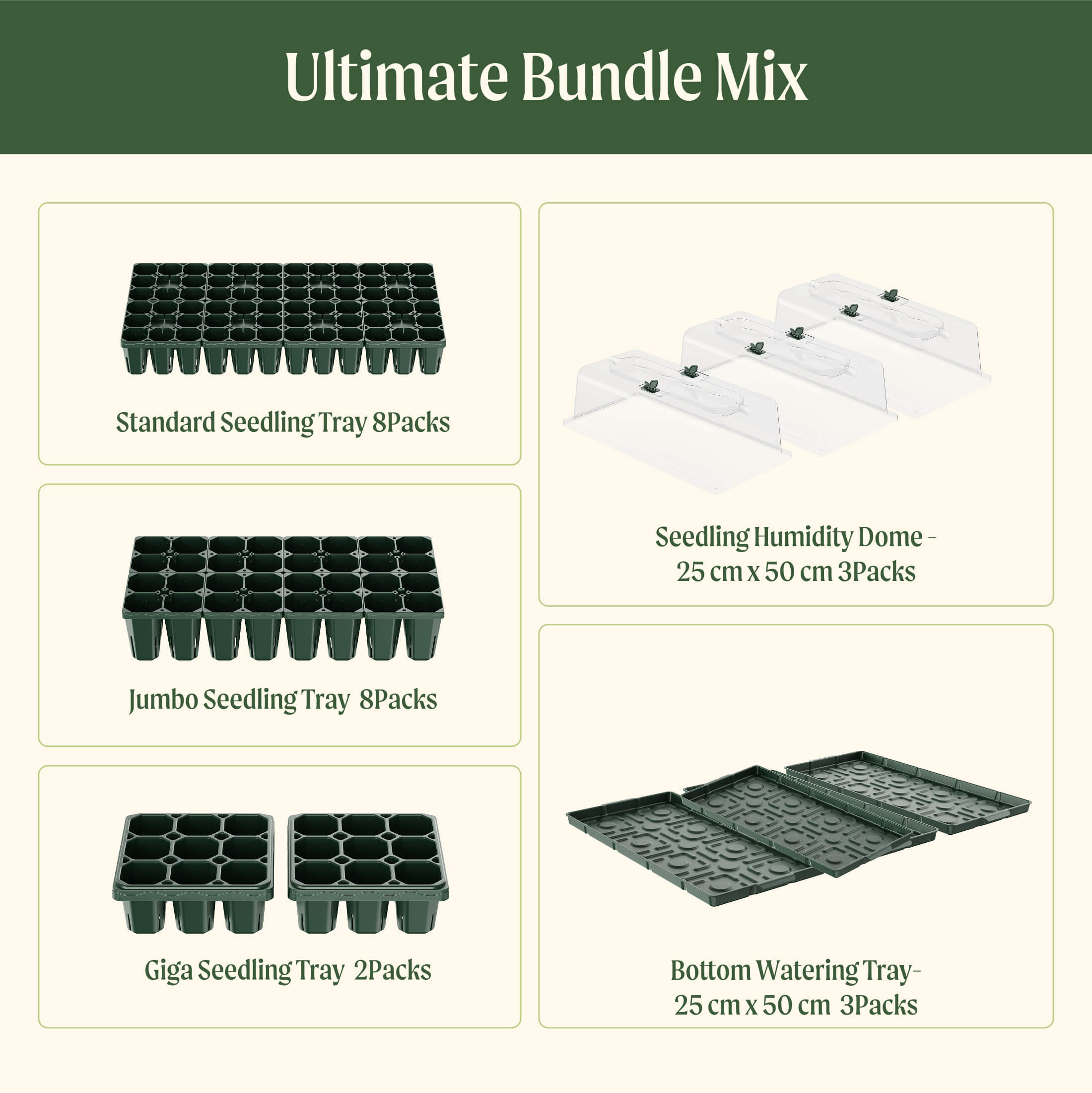 Gardening supplies including seedling trays and humidity dome on a white background with green text.